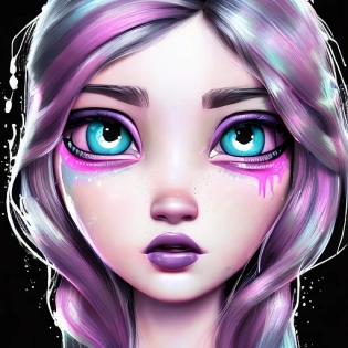 modern disney style snthwve style nvinkpunk dripping paint-splash artwork of one cute young girl, realistic shaded perfect face, slim, lifelike, adorable, fine long eyelashes, perfect skin, seductive facial expression, full of relish, slightly squinting, smirking, photo-realistic detailed, perfect, natural lighting, small minutiae, tiny features, particulars, hires, 64k, uhd, kawaii, graffiti-art and honey