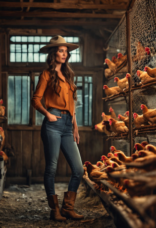 make a brunette woman
this woman must be wearing pants, uma blusa comprida, boots and hat
She must be inside a chicken coop
She's feeding the chickens
ultra realistic photo, Qualidade 8k, FullHD