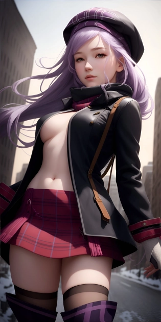 (masterpiece:1. 1), (detailed:1. 1), (realistic:0. 8), 1girl, (pale purple hair:1. 2) + (long hair:1. 1), (sweater dress:1. 1) + (wind coat:1. 1), scarf, hair decoration, street, sky, snows, Default outfit: cabbie hat, open clothes, suspenders, plaid skirt, thigh-highs, white gloves, amiella, ultra detailed,