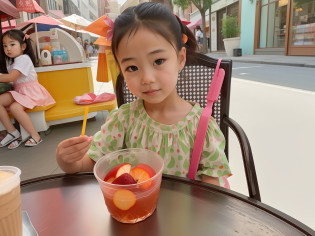 There was a little girl sitting at the table?Carrying a bowl of food, she is eating a peach, eating outside, she is easting a peach, kid, drinking a strawberry iced latte, Chinese girl, eating ice - cream, Eating, Young Asian girl, in a sidewalk cafe, Gamine, eating rotting fruit, kiddy big breasts, Handsome girl, delicacy --auto