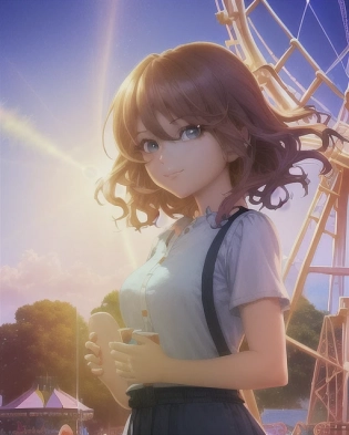 1girl, painting of a girl at an amusement park, on a ride high in the sky, can see other parts of the park, scared but excited, morning, sun is shining, no fog or clouds, natural hair color and eyes, anime, anime face, art by artgerm and greg rutkowski and alphonse mucha, 8k, professionally color graded, depth of field