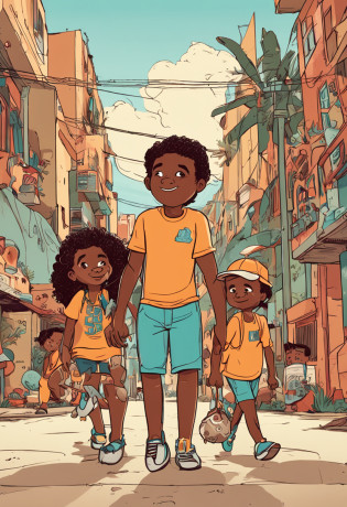 Quatro jovens aventureiros animados. Um menino de pele parda, e um menino gordinho de pele castanha e uma menina de pele castanha com longos cabelos ondulados e uma menina de pele castanha com cabelos pretos cacheados, all wearing T-shirts and shorts and cap and a backpack, design de personagens, multiples poses and expressions, Cute children's book illustration style, Colorido, simples, fofo, Disney, Pixar, Ghibli