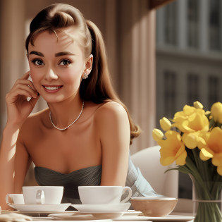 Audrey Hepburn at a young age, ?Breakfast at Tiffany's?cute and sexy, ???-??????, big eyes, smilling face, Full body close-up? Tiffany Background, super photo quality,??? --auto