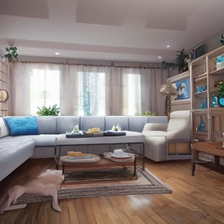 high resolution photography 2d interior design, dreamy sunken living room, wooden floor, small windows opening onto the garden, rustic furniture and decoration, high ceiling, beige blue salmon pastel palette, interior design magazine, cozy atmosphere