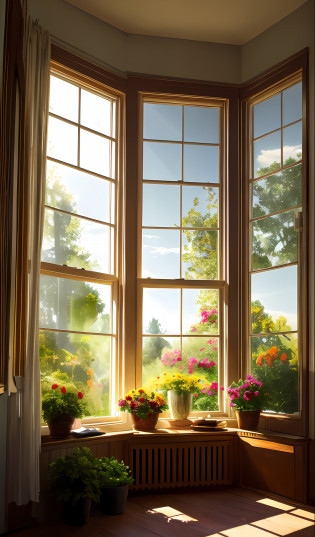 There is a painting of the sun shining through the window, sunlit windows, summer morning light, dramatic warm morning light, sunny bay window, radiant morning light, afternoon sunlight, dramatic morning light, Afternoon light, soft glowing windows, golden hour sunlight, afternoon lights, Early morning light,There are a lot of plants and flowers in the house by the author?Arthur Penn, cozy home background, soft light from the window, at summer afternoon --auto