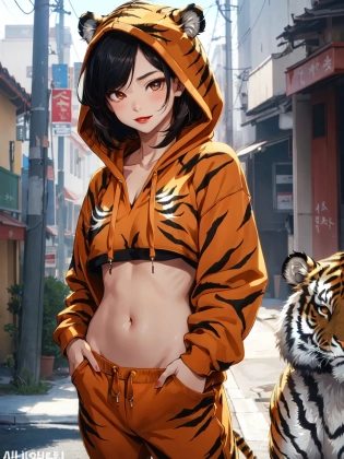 1 girl, beautiful Korean girl, (Cute Loose Bob hair), (wearing a cropped tiger hoodie, capri sweatpants:1. 5), (hands in pockets:1. 5), (red lips:1. 3), (small breasts:1. 3), (toned stomach:1. 3), (eyelashes:1. 2), (aegyo sal:1. 2), (detailed face), immersive background, volumetric haze, global illumination, (flowing hair), (bright smile), natural lighting, ((beautiful detailed eyes, symmetrical eyes), (photorealism:1. 5), (photorealistic:1. 4), (8k, RAW photo, masterpiece), High detail RAW color photo, realistic, (highest quality), (best shadow), (best illustration), ultra high resolution, highly detailed CG unified 8K wallpapers, physics-based rendering, realistic, realism, high contrast, hyperrealism, f1. 6 lens, rich colors, hyper-realistic lifelike texture, cinestill 800)