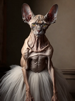 ((best quality)), a hairless (sphynx cat:1. 1) as a (ballerina:1. 1) wearing a tutu, perfect eyes, hyperrealistic, 8k, photorealism masterpiece
