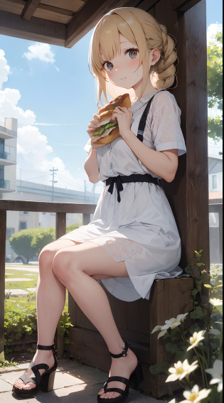 sandwich?Bread with white bread?Ingredients are ham, cheese, lettuce and tomatoes?It is topped with mayonnaise and mustard?The sandwich is cut and?Cross-section is visible?The sandwich is on the plate.?Served with napkins, forks and knives? girl with?Her hair is blonde and long.?Braided?The face is round and cute?Clothes in white and blue dresses?Has a floral pattern?Shoes in white sandals?Ribbons are attached to the ankles?The girl is sitting?I have a sandwich in my hand.?Eating happily? scene?There is a beautiful scene floating in the background.?Blue sky, white clouds, green meadow and colorful flowers?The scene is softly painted like a watercolor painting.?It has a dreamy atmosphere?The scene expresses the imagination and sensibility of the girl?Pubic hair shows through?(Beautiful bare pubic hair) ,more_Details:1.5, (More and more_Details:1.9)?