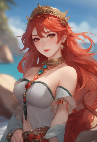 nilou (Genshin Impact), behind the sea, 1girll, Background blur, Closed mouth, Bare arms, accessory, bare sleeves, Bare shoulders, Red hair, bangle, necklace, Cowboy shot, Sideways