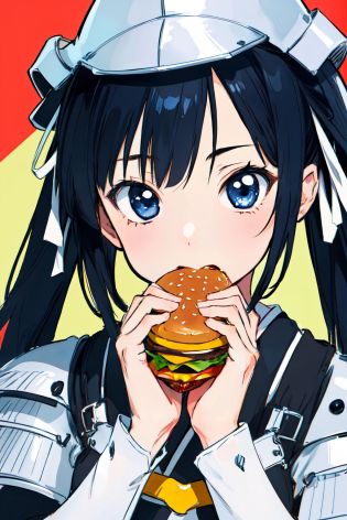 (masterpiece, best quality;1.3), extremely detailed ,ultra detailed, 1girl, solo,  looking at viewer, 
uesugi kenshin (rance),armor, helmet, hair ribbon, japanese castle, 
<lora:Kenshin:0.75> <lora:HamburgeranimeV1:0.3>two hands, eating a hamburger,burger, nom hamburger