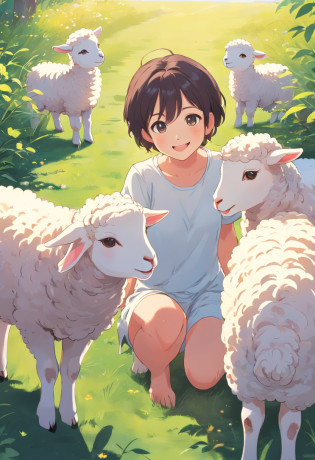 Cartoon lambs?Simple line art?Simple illustration?thick line art?2D?Line drawing in anime style?White lamb, Smiling lamb?Cute lamb, cute animal, curlies?White Simple Background