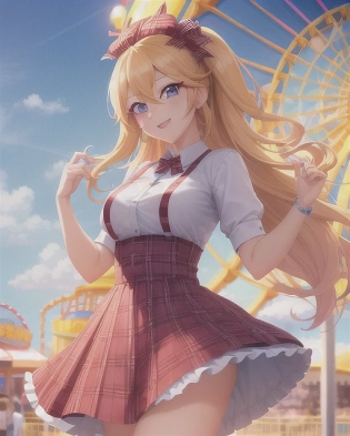 A happy beautiful female/girl on a ferris wheel in an amusement park. High up in the sky, can see all of the other rides. She has a normal but random hair and eye color. The painting is anime, professionally color graded, 8k HDR, vivid, bright, anime faces, hyper resolution, depth of field, and created by Artgerm, Greg Rutowski, and Alphonse Mucha with volumetric lighting. The painting has very bright colors and uses anime faces.
