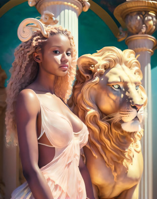 A closeup of a woman in a dress next to a statue, gorgeous goddess of leo, deusa jovem, deusa bonita, Retrato da deusa 3D, baroque vaporwave statue, Deusa Rainha, Deusa loira, Gato Doja, epic 3 d oshun, Deusa da Beleza, statue of the perfect woman, Artgerm e Patrick Demarchelier