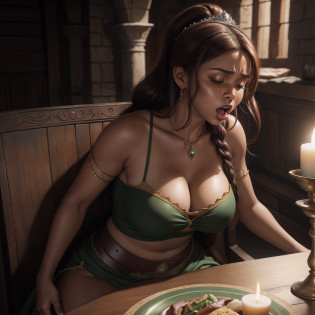 highly detailed hdr photo, beautiful, slim thick, gassy, bloated, african american, black {{{dark skin}}}, human adult princess fiona burping belching while sitting in chair at dinner table in medieval castle, warm dynamic lighting, sexy slutty medieval adult princess style green dress, slutty loincloth, one single long thin adult braided ponytail, reddish brown hair, tiara, light freckles on cheeks, realistic dark moody dramatic high detailed art style, wide open mouth, perfect gorgeous face, struggle face, full body, eyes closed, bloated tummy innie belly button midriff, intense yelling burping hard