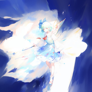 A woman in a white dress and an umbrella is painted in the wind, zerochan art, cirno touhou, cirno from touhou, cirno, Anime Paintings, Spirited, Soft anime illustration, from touhou, author?Nanmi Morikage, author?Uesaka Seka, zerochan, ((aquarelle)), drawn in anime painter studio