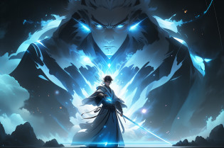 Chinese mythology?Girl Warrior??Wide robe???the space???He stood in front of a huge transparent blue Light God General???????????1.4???cleanness?1.4??Angry eyes?blue colors?Stretch your hands?swords drawn?The background is the South Heavenly Gate?Tyndall�effect?Glow effects?Anime art style?Romantic graffiti?Meticulous?Realism is popular? New Fauvist style?Knolling?8K?tmasterpiece?super-fine?best qualtiy?8K?tmasterpiece?Works of masters?Detailed pubic hair?Accurate?Epic shooting??Simian?1.5?
