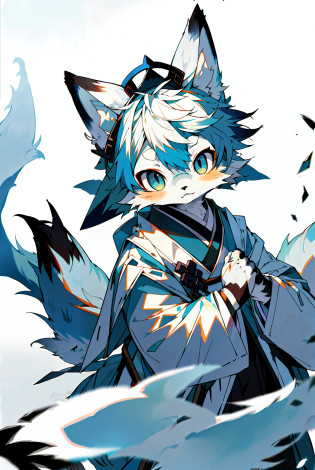 depth of fields?lighting perfect?light particules??best qualtiy???top-quality??tmasterpiece???ultra�-�detailed??arctic fox?White fur?White ears?Sharp focus?Sharp eyes?blue color eyes?Furry?komono?Japanese style costume?arctic fox?white colors?shaggy?White tail?Long tail?the street?