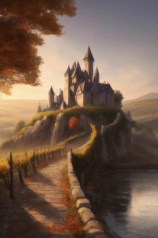 professional concept art image of medieval castle on a hill, vineyards, meandering river with stone bridge, autumnal colors, dawn, soft volumetric light , ultra detailled, high resolution, 8K, 35 mm, trending on artstation