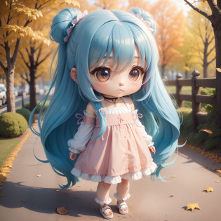 Chibichara?long hair with blue hair((Chibi Chara))?Fluffy?girl with?Chibi Chara?full body Esbian?Pastel colors hair?masutepiece?top-quality?Background of autumn leaves