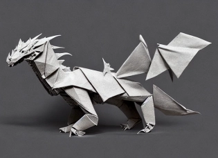 An origami of a dragon made of crumbled paper, by Greg Rutkowski, trending on artstation, intricate d�tails, 8k, Negative prompt: colorfull
