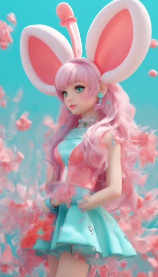 A girl, Tiffany blue hair, Tiffany blue hair, Short hair, (With metal rabbit ear headband: 1.2), full bodyesbian, (Exquisite features: 1.5), Put on fantastic clothes, Surrealist frilled skirt, The color of the dress is Tiffany blue and pink gradient, There are pink marshmallows around?Like coral, Dance on pink dotted with black butterflies, The overall ambient color is Tiffany, style of surrealism, artistic photograph, in wonderland, Tiffany's dream, Soft dreams, Transparent light, high-definition photography,