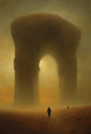 Image in the Zdzis?aw Beksi?ski style (Empty people, without abdomen just the mold of the rib cage, seem to search for their souls. (exaggerated movements) (arid climate) (heads in the painting style of Francis Bacon) (atmosphere of amazement) (post-apocalyptic) (oppressor)