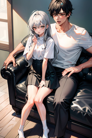 Masterpiece?Best quality?High details?1boys?1girll?Girl with long gray hair?Girl wears white shirt, Pleated skirt, Black mid-tube socks?1boys??Yellow-haired boy?1.5??Boys have muscles?The boy looked more fierce?The boy is very handsome?The girl is short?The boy is tall??Reflects the height difference between boys and girls?1.5???The girl is 150 cm tall?1.5???The boy is 195 cm tall?1.5??The boy has a face?The boy is the main part of the picture?The girl is skinny?The girl was lovely??The girl is super short and super small??Boys embrace girls?sitting in the couch
