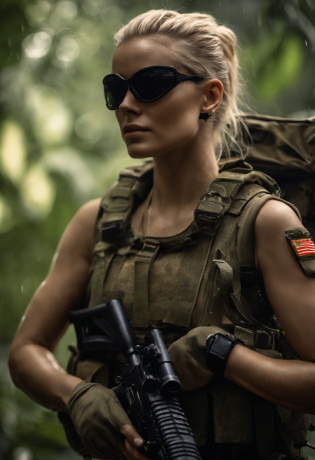 female jungle commando, (blonde:1.1), (sideshaved:1.35), black, (earrings, spikes, helmet, zippers sunglasses:1.2), (wet:1.2), (military gear:1.3) dark, gritty, gloomy, militaristic, (looking_at_viewer:1.3), solo, rainy, bokeh, dramatic lightning, (jungle background:1.2), abs, highly detailed, masterpiece, best quality, 8k, (oily skin, cell-shaded:1.3), naked, full body