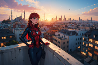 Create a realistic image of Mary Jane Watson from the Spider-Man movie, standing on top of a skyscraper in Istanbul, with the city skyline in the background during a vibrant sunset. Mary Jane should be portrayed elegantly, and the scene should capture the essence of both her character and the stunning urban landscape of Istanbul