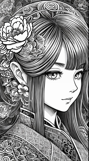 Monochrome drawing of girl with peony in her hair, detailed manga style, detailed digital drawing, complex manga drawing, ink manga drawing, inspired by Toyoharu Utagawa, stylized lines, intricate detail illustration, highly detailed lines, ultra-detailed manga drawing, inspired by Yoshitaki Utagawa, cell shadow anime intricate, detailed portrait of anime girl --auto --s2