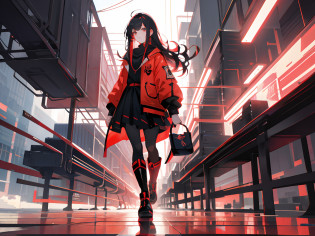 1girll?long leges?Red and black shirts?Red and black skirt?Red and black mechanical windproof boots?Large red and black trench coat?Long black hair?red color eyes?stand posture?Black two-fingered gloves?HighestQuali,4K?Chinese girl design?Genshin detailed art?Anime character design?anime concept art?pretty anime character design?anime character reference sheet?[character  design]?4K?the detail?HighestQuali?Red particles?Red?bloods?eventide