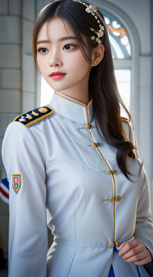 Close-up of a woman in a white uniform posing for a photo, eye looking to camera?girl in uniform, Bright, uniform background, in a soldier uniform, uniform background, in a soldier uniform, in a soldier uniform, wearing headmistress uniform, White uniform, Dressed in uniform, in a soldier uniform, Palace ? A girl in Hanfu, royal elegant pose, close up portrait shot, officer, Beautiful digital artwork