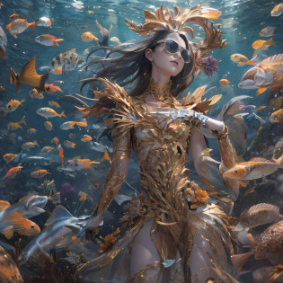 (ocean floor?Marine life?Beautiful coral reef?The fish),Messy painting style?Hair flows in water?Transparent wings?Wear thick gold-framed reflective sunglasses?32K?tmasterpiece?k hd?hyper HD?32K?Burgundy double ponytail?Silver Skull jewelry district under the sea?Indigo Skull King ?Skeleton protector ?The skeleton is realistic?1.4??Skull pattern robe?Silver skull flower ornaments?Petals flutter?Colored ball head?Hold your head high?Be proud?The nostrils look at people? A high resolution? the detail? RAW photogr? Sharp Re? Nikon D850 Film Stock Photo by Jefferies Lee 4 Kodak Portra 400 Camera F1.6 shots, Rich colors, ultra-realistic vivid textures, Dramatic lighting, Unreal Engine Art Station Trend, cinestir 800?Hold your head high?Be proud?The nostrils look at people?Tsundere?Petals flutter?Petals flutter?Sprinkle with gold dust?Fluttering?Impeccable?( reasonable design, Clear lines, High sharpness,Best quality, Very detailed skeleton, The skeleton of a masterpiece, offcial art, movie light effect, 4K skeleton???Wear thick gold-framed reflective sunglasses???Transparent wings??baton??Baton in hand??Giant stick?baton?