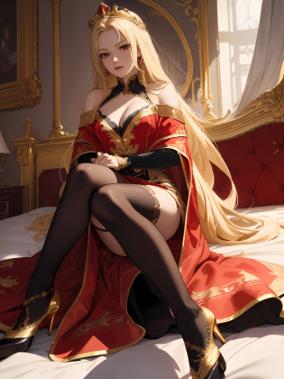 (((Masterpiece, highest quality, high definition, high detail)))), ((((Fantasy))), Alone, (((Fine Long Blonde Straight Hair)))), Destruction, (((Queen on the Bed))))), Tilting Face, Noble, (((Fine Red Eyes))), ((Fine Red Cape with Golden Embroidery))))), ((Red dress with fine slits with gold embroidery)))), Looking down, big, cleavage, (((fine red tights)), (legs crossed)), (heels)), (from below))