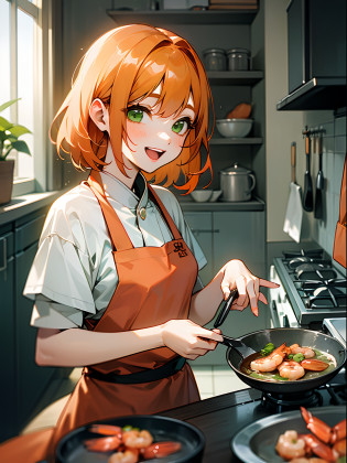 (1girl in????Competing Art?Orange hair?Green eyes?Laugh?Cooking in the kitchen?Cooking shrimp on a plate)