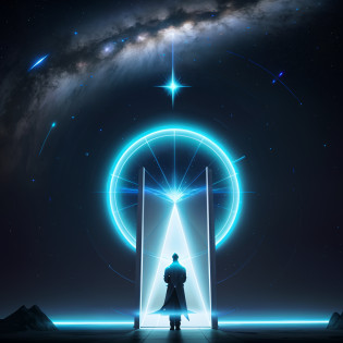 A man stands in the doorway?The image of Alphad with a star in the sky, entrance to ethereal realm, gateway to another universe, portal to the ethereal realm, artgem and beeple masterpiece, gateway to another dimension, star - gate of futurisma, doors that are cosmic portals, cinematic beeple, jessica rossier fantasy art