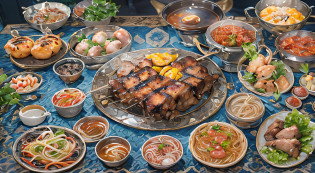 Large round table full of delicacies Skewers Stewed pork Braised pork Garlic fried fish Grilled suckling pig Scrambled eggs with tomato Cold noodles?BBQ?Have an appetite?Delicate characters?blue colored eyes?brown  hair?ssmile?having fun?Exquisite ornaments?Beautiful picture quality?Artistic sense?Small scenes?Sense of lens?Light effect