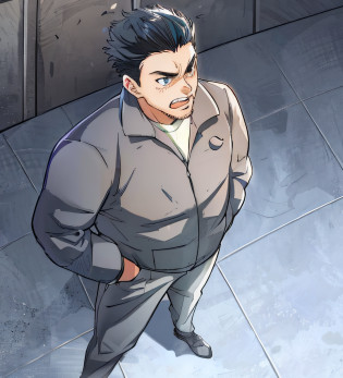 An Aalfed man in a gray jacket stood in the room, kentaro miura manga art style, kentaro miura manga style, offcial art, manga style of kentaro miura, kentaro miura art style, inspired by Ry?sei Kishida, sankakucomplex anime image, okabe rintarou, shinkiro toshiaki mori