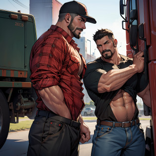 Handsome 60-year-old truck drivers, muscular bodies, stocky truck driver on the left, wearing a messy mustache and wavy hair, white stubble and truck driver, jeans, in the middle, wearing an open red plaid shirt, very muscular body and big, strong, stout belly wearing green shorts, hair cut on the sides and spiked on top, truck driver on the right has a muscular body and a very large body chest; hairy stomach black pants open on the background, a huge red and black road truck