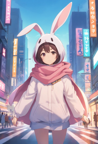 There is a cartoon rabbit wearing a cloak and scarf, Anthropomorphic bunny, rabbt_Character, cute anthropomorphic bunny, Warrior rabbit, Rabbit with helmet and sword, lapin, electrixbunny, the white rabbit, the rabbit has pink fur, the white rabbit, lapin_bunny, Cover that shines in the wind, rabbit robot
