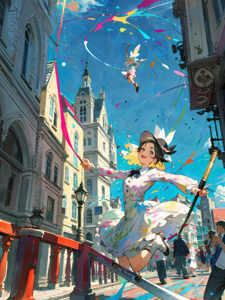 Woman jumping around the city and dancing baton twirling, Claude Monet, vividly, pastel paint splatter,