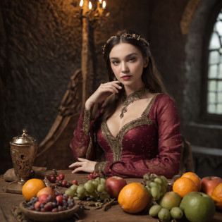 120mm photograph medium format film photography Kodak portra young, fantasy elven wench leaning on an intricate medieval table full of exotic drinks and fruits, intricate silk gown, lustfull, steamy, warm, dark fantasy