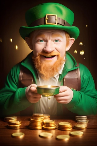 professional photo, cheerful leprechaun in a cap (with a snicker full of gold coins), foggy, wet, stormy, 70mm, cinematic, highly detailed wood, cinematic lighting, intricate, sharp focus, medium shot, (centered image composition), (professionally color graded), ((bright soft diffused light)), volumetric fog, hdr 4k, 8k, realistic,