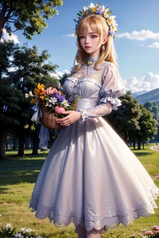 <lora:epiNoiseoffset_v2:0. 2>, <lora:beautifuleyeslikeness_halfBody:0. 4>, <lora:hipoly3DModelLora_v10:0. 4>, hiqcgbody, a young girl with golden hair stands in a grassy meadow, surrounded by colorful Easter eggs of various sizes and designs. The sun is shining brightly overhead, casting a warm glow over the scene. The girl wears a white dress with a delicate floral pattern and carries a woven basket filled to the brim with brightly colored eggs. Behind her, a fluffy white bunny can be seen peeking out from behind a bush, its nose twitching with excitement. In the distance, a rainbow stretches across the sky, adding an extra layer of magic to the already enchanting scene