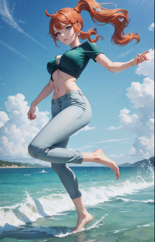 masterpiece, extremery magnificent view, perspective, extremery best quality, extremery detailed CG, 8k wallpaper, high resolution, highly detailed face, highly detailed eyes, perfect anatomy, super detailed skin,
(dynamic angle, dynamic pose:1.2), outdoors, sandy beach, soothing waves, (portrait, legs focus, full body), (beautiful face, beautiful eyes, beautiful legs:1.3), in the water, wet,
1 girl, solo, sonia, (aqua shirt, ribbed shirt), (pants:1.3), large breasts, orange hair, side ponytail, heart hair ornament, (barefoot), aqua eyes, skinny, slender, wide hips, thin waist