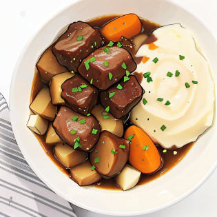 anime style, a close up of a bowl of stew with mashed potatoes and carrots, stew, beef, soft, food, cozy, beutiful!, yummy, high quality food photography, smoky, f 2. 0, jaw dropping, warm, mashed potatoes and gravy, easy, ????, recipe, boston, well edited, belgium, sf, very beautiful masterpiece
