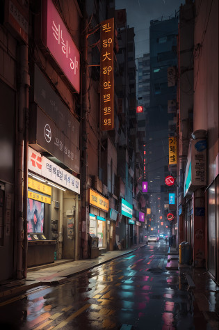 lone ally in seoul,rain, cyberpunk city of science fiction movie, empty street, korean, korean signs, intricate, hyper-detailed, realistic, ultra-realistic, high quality, ultra detail, crazy detail, photographic realism, 8k,