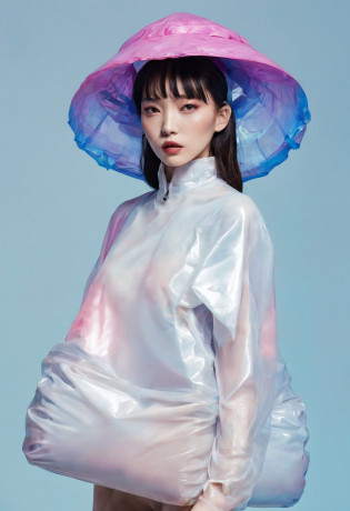 editorial fashion, korean woman, weird hairstyle, model, covered plastic bag, plastic bag, plastic, striking pose, surrealism, harsh lighting, perfect composition, symmetry, detailed, plastic hat, vibrant background