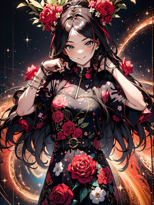 (flowercrown)(A rose flower),(((Brown skin))),(1girl in, Solo:1.6),(Cute smile),(Clothes are simple), (Best Impact:1.5), (maximalism:1.7), Vivid contrast, (Realistic), hyperrealistic illustrations, hight resolution, ultra-detailliert, absurderes,(Fractal Art:1.3)?Random hairstyle?Random hair color colorful?FULL BODYSHOT?Retro?Precise focus?randome pose?cinema4d?Dramatic