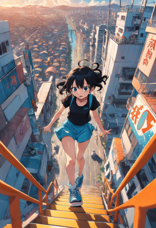 A girl steps on her skateboard flying over a city overlooking below?The city is surrounded by some rollercoaster tracks?Worm eye perspective?Look at the comic book cover from back to front+Joichiro Oda+One piece style